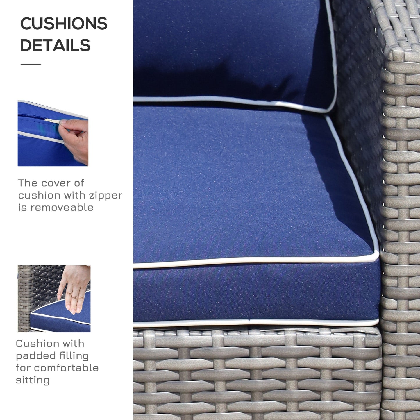 Outsunny Set da bistrot in vimini e rattan da 3 pezzi con morbidi cuscini, set da caffè per conversazioni all'aperto con ripiano portaoggetti in vetro