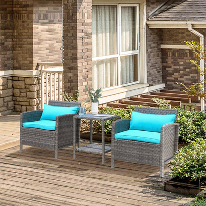 Outsunny Set da bistrot in vimini e rattan da 3 pezzi con morbidi cuscini, set da caffè per conversazioni all'aperto con ripiano portaoggetti in vetro