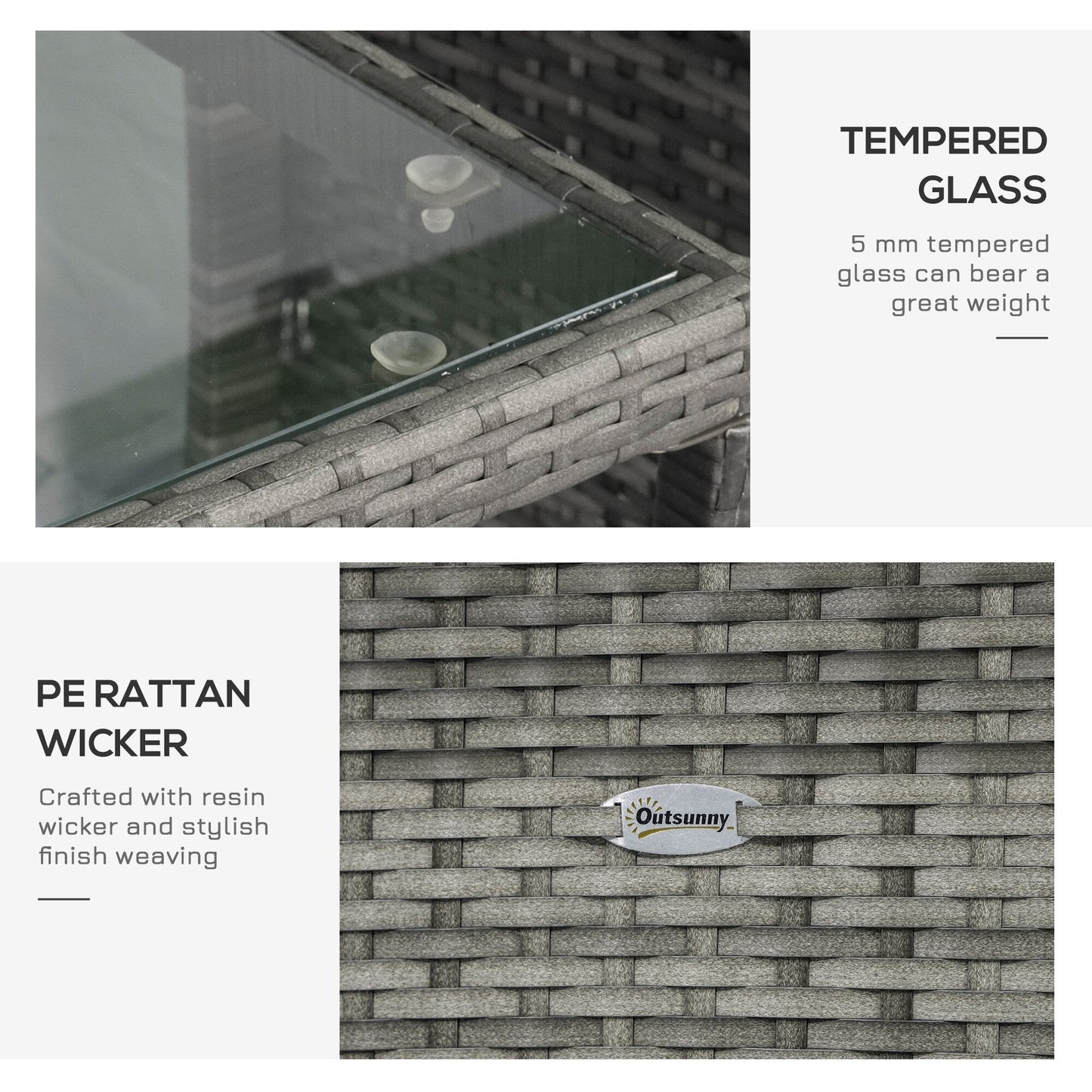 Outsunny Set da bistrot in vimini e rattan da 3 pezzi con morbidi cuscini, set da caffè per conversazioni all'aperto con ripiano portaoggetti in vetro