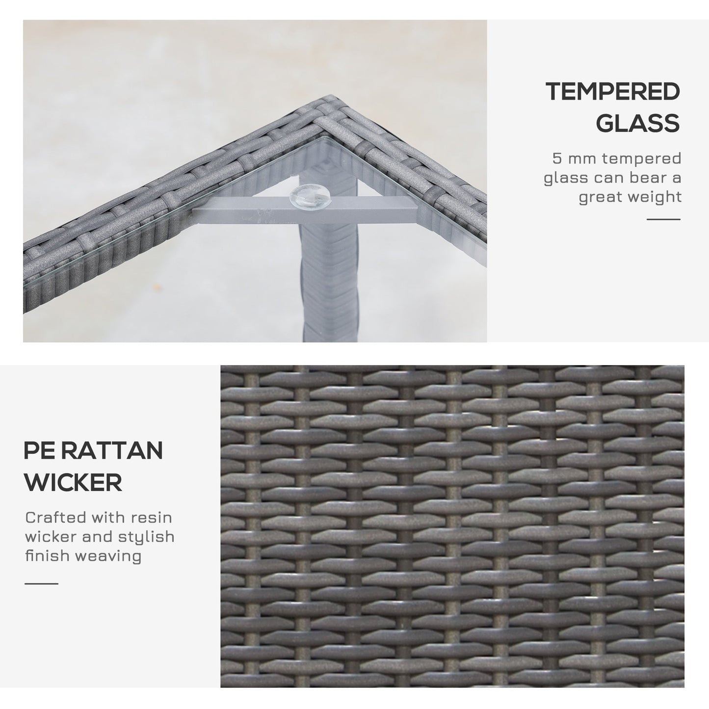 Outsunny Set da bistrot in vimini e rattan da 3 pezzi con morbidi cuscini, set da caffè per conversazioni all'aperto con ripiano portaoggetti in vetro