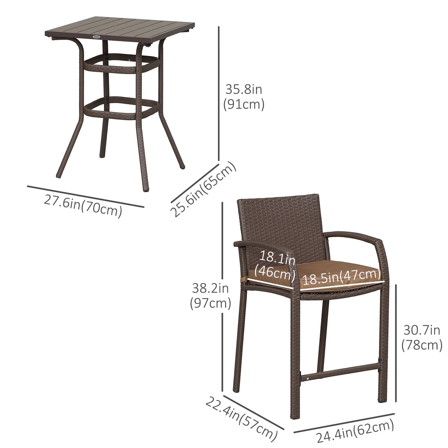 Set da conversazione con tavolo da bar per patio in rattan PE da esterno Outsunny da 3 pezzi