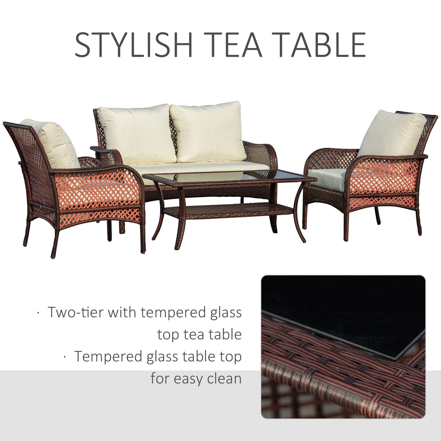 Outsunny Set di divani da esterno in vimini da 4 pezzi, mobili da conversazione in rattan PE con 4 sedie e tavolo, materiale impermeabile