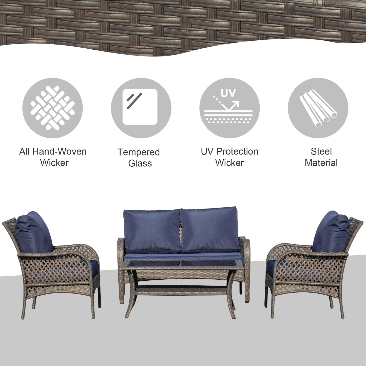 Outsunny Set di divani da esterno in vimini da 4 pezzi, mobili da conversazione in rattan PE con 4 sedie e tavolo, materiale impermeabile