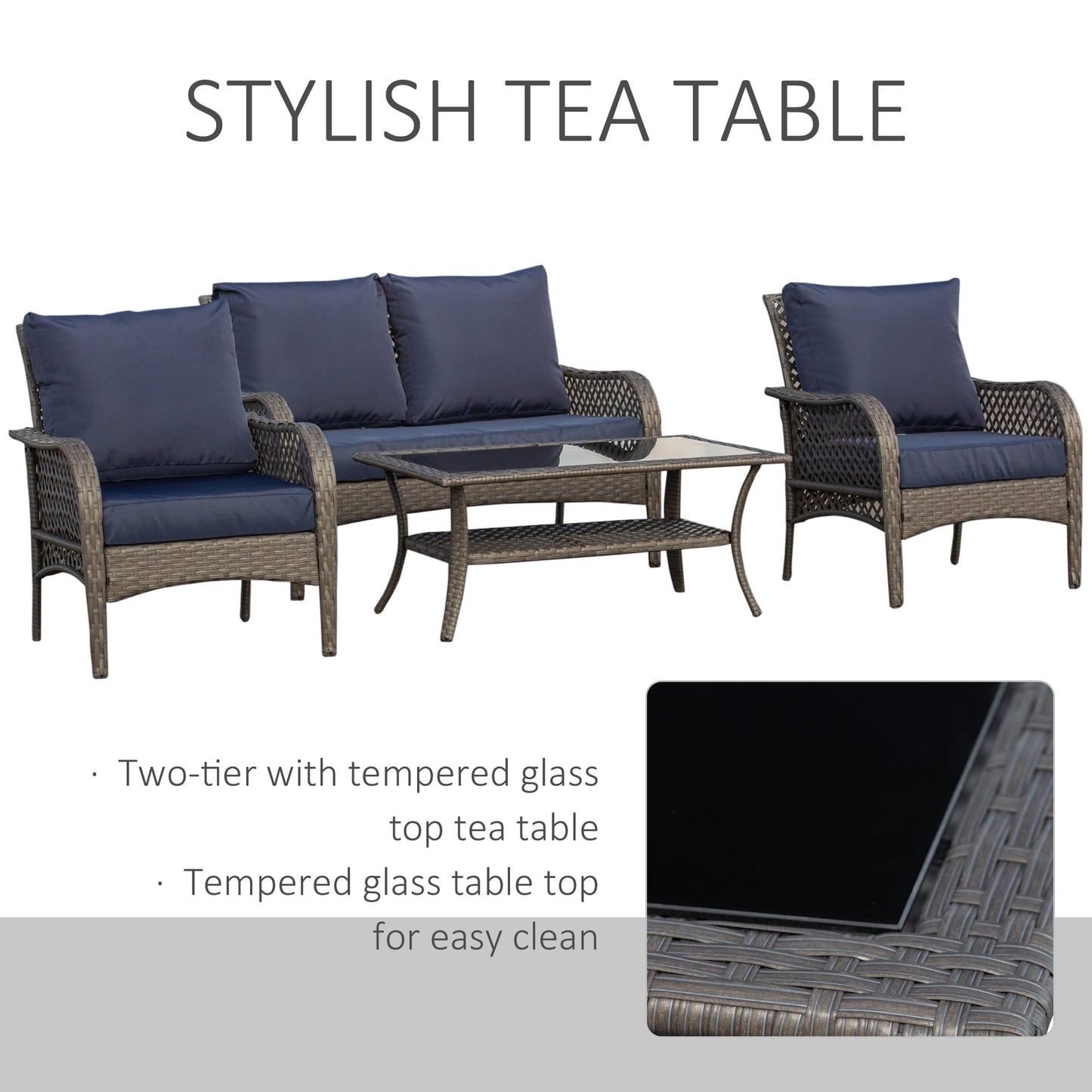 Outsunny Set di divani da esterno in vimini da 4 pezzi, mobili da conversazione in rattan PE con 4 sedie e tavolo, materiale impermeabile