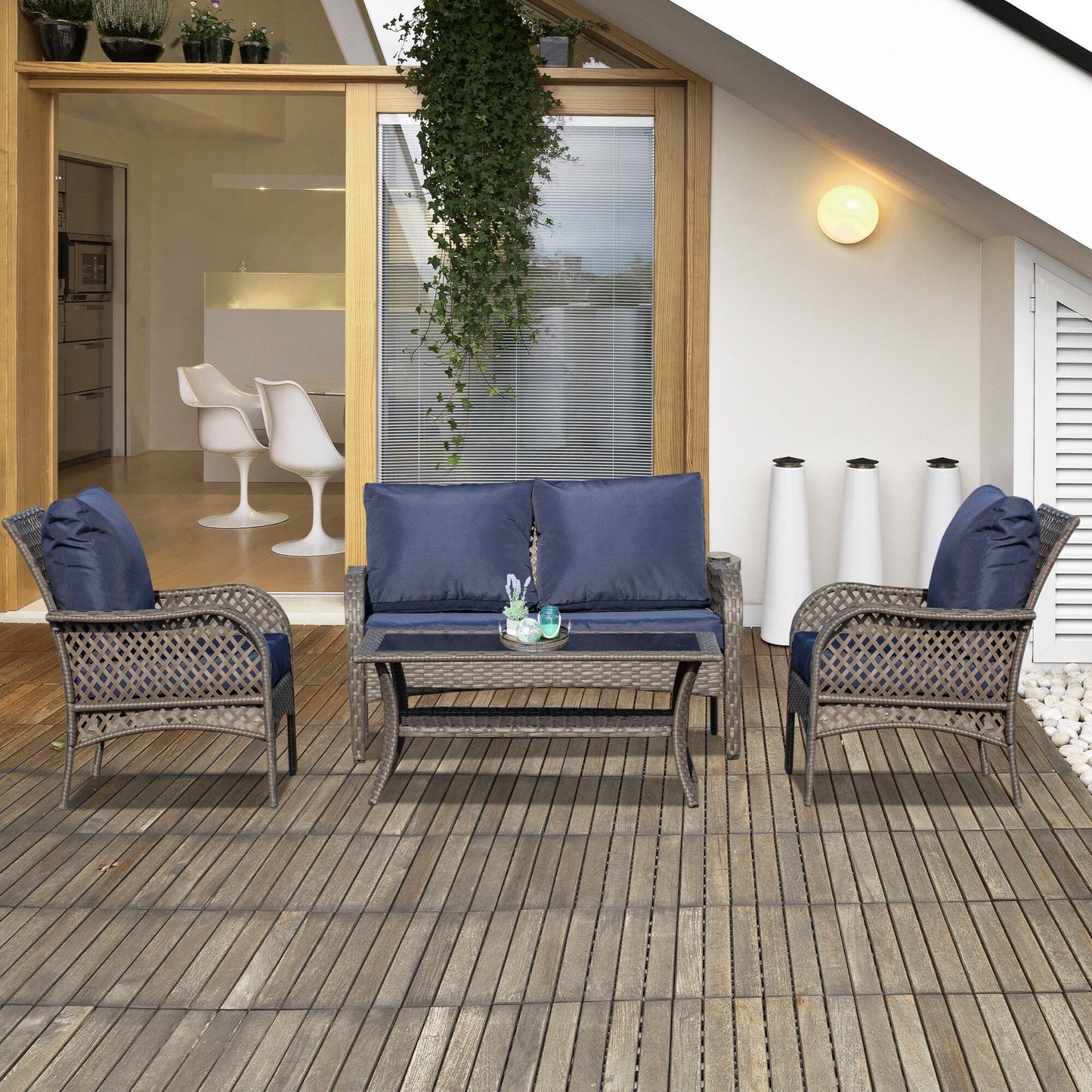 Outsunny Set di divani da esterno in vimini da 4 pezzi, mobili da conversazione in rattan PE con 4 sedie e tavolo, materiale impermeabile