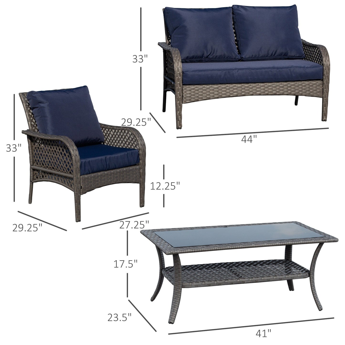 Outsunny Set di divani da esterno in vimini da 4 pezzi, mobili da conversazione in rattan PE con 4 sedie e tavolo, materiale impermeabile