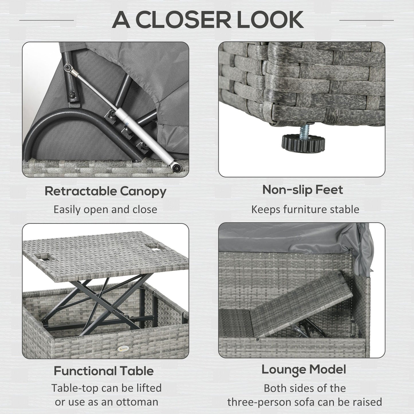 Set di mobili da giardino Outsunny da 4 pezzi con cuscini, divano letto in rattan PE con baldacchino retrattile, set di divani componibili per esterni