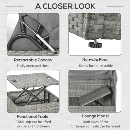 Set di mobili da giardino Outsunny da 4 pezzi con cuscini, divano letto in rattan PE con baldacchino retrattile, set di divani componibili per esterni