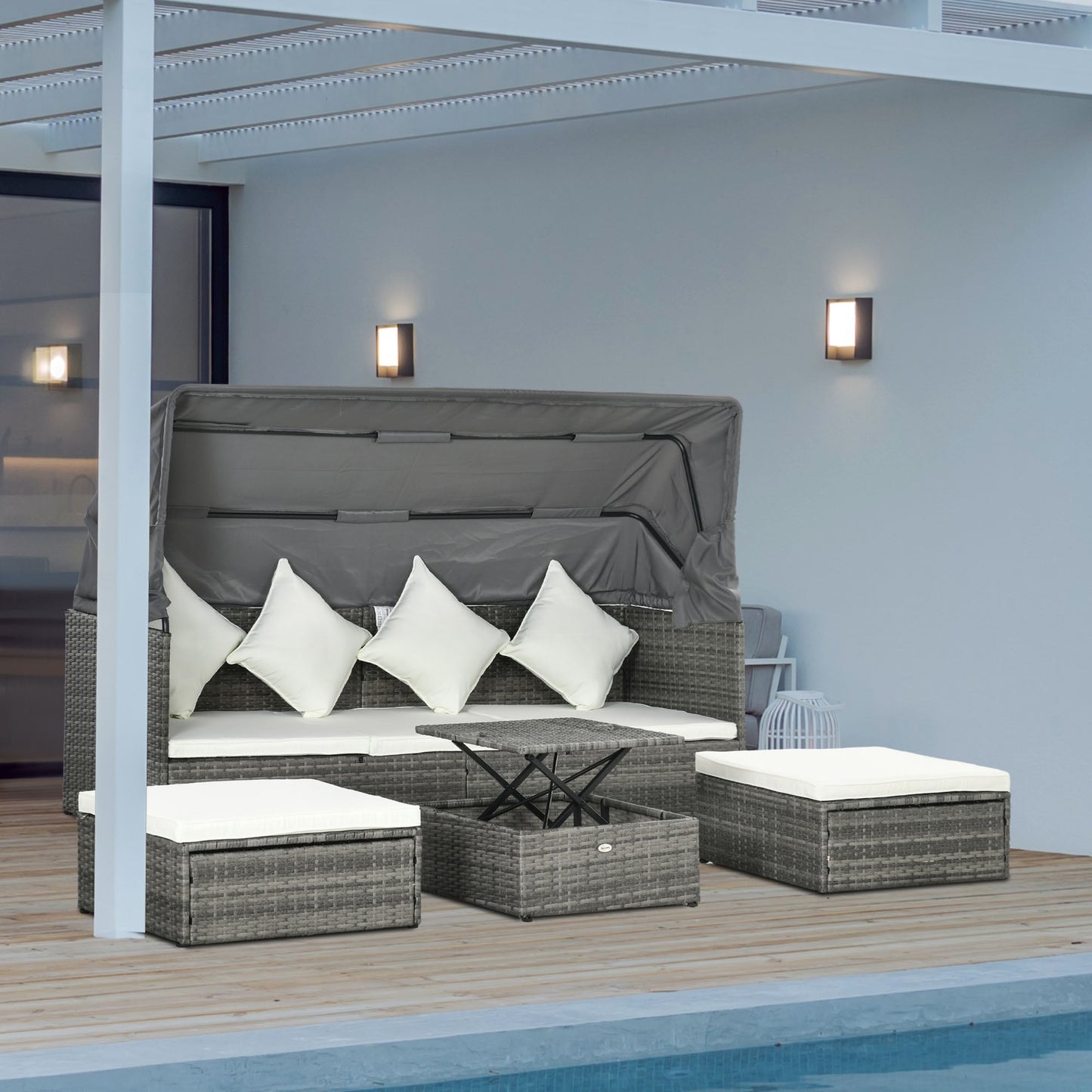 Set di mobili da giardino Outsunny da 4 pezzi con cuscini, divano letto in rattan PE con baldacchino retrattile, set di divani componibili per esterni