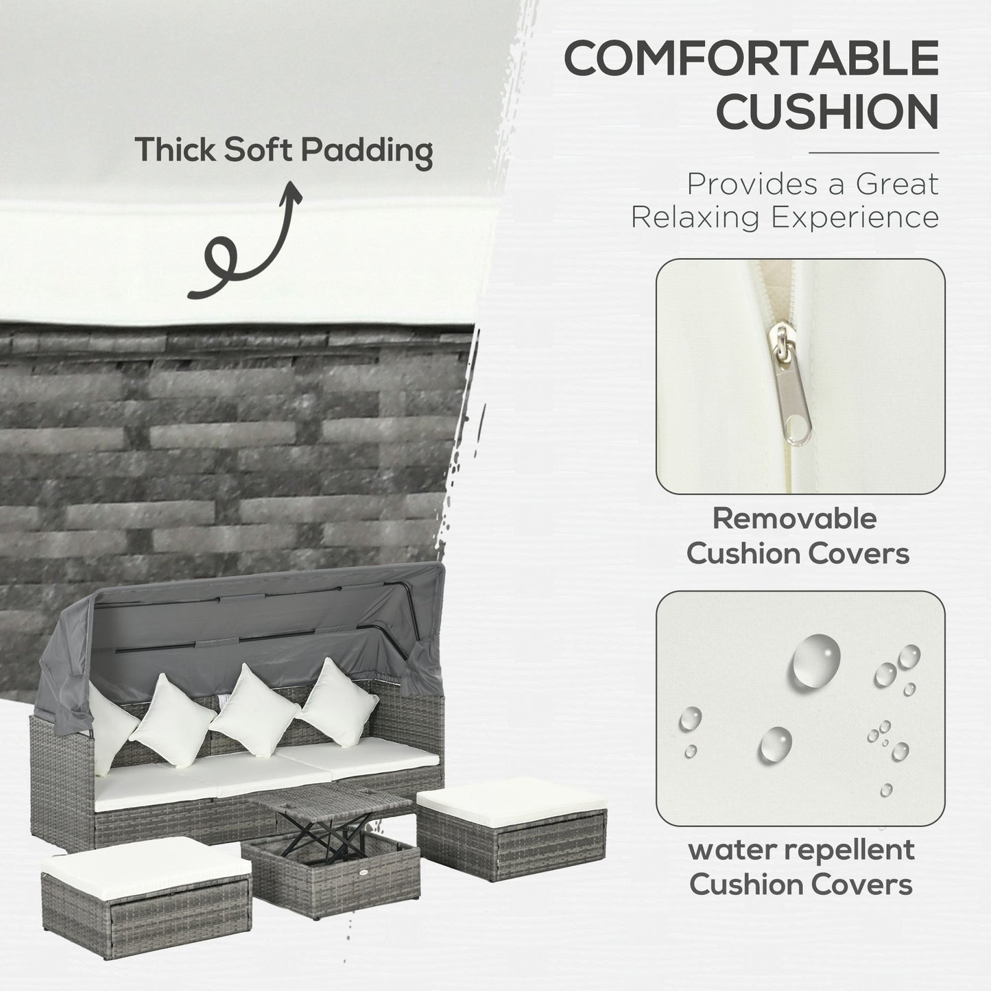 Set di mobili da giardino Outsunny da 4 pezzi con cuscini, divano letto in rattan PE con baldacchino retrattile, set di divani componibili per esterni