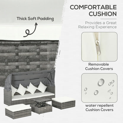 Set di mobili da giardino Outsunny da 4 pezzi con cuscini, divano letto in rattan PE con baldacchino retrattile, set di divani componibili per esterni