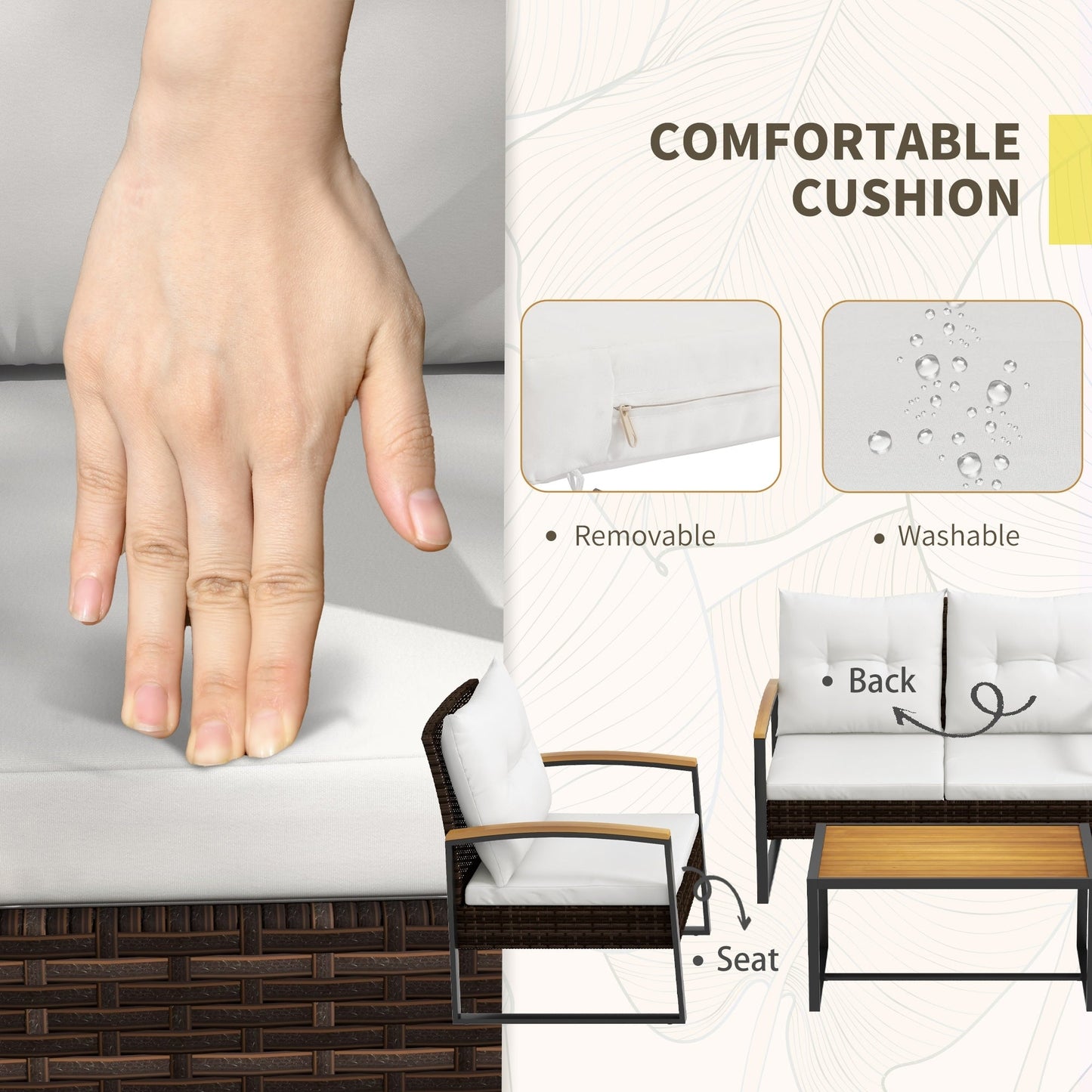 Set di mobili da giardino Outsunny da 4 pezzi con divano, poltrona in rattan, tavolo in legno, cuscini, set da conversazione all'aperto per cortile e prato