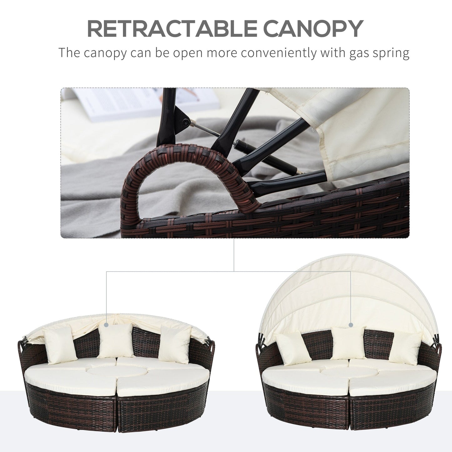 Set di 4 lettini prendisole rotondi in vimini e rattan con cuscini per esterni Outsunny o divano da conversazione con tettuccio parasole