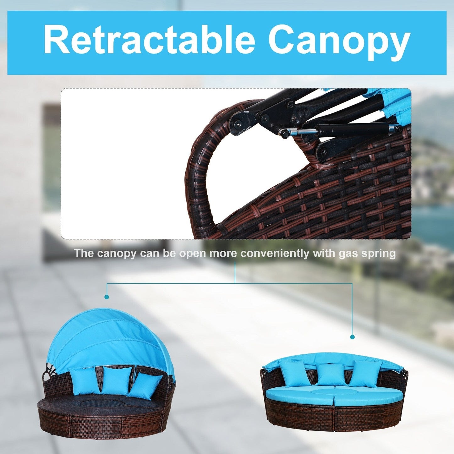 Set di 4 lettini prendisole rotondi in vimini e rattan con cuscini per esterni Outsunny o divano da conversazione con tettuccio parasole