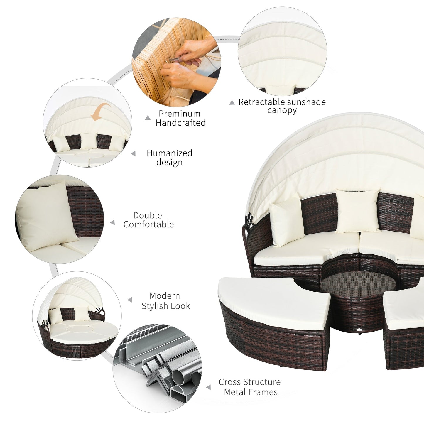 Set di 4 lettini prendisole rotondi in vimini e rattan con cuscini per esterni Outsunny o divano da conversazione con tettuccio parasole