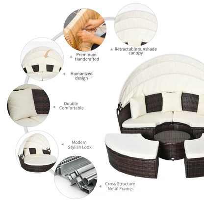 Set di 4 lettini prendisole rotondi in vimini e rattan con cuscini per esterni Outsunny o divano da conversazione con tettuccio parasole