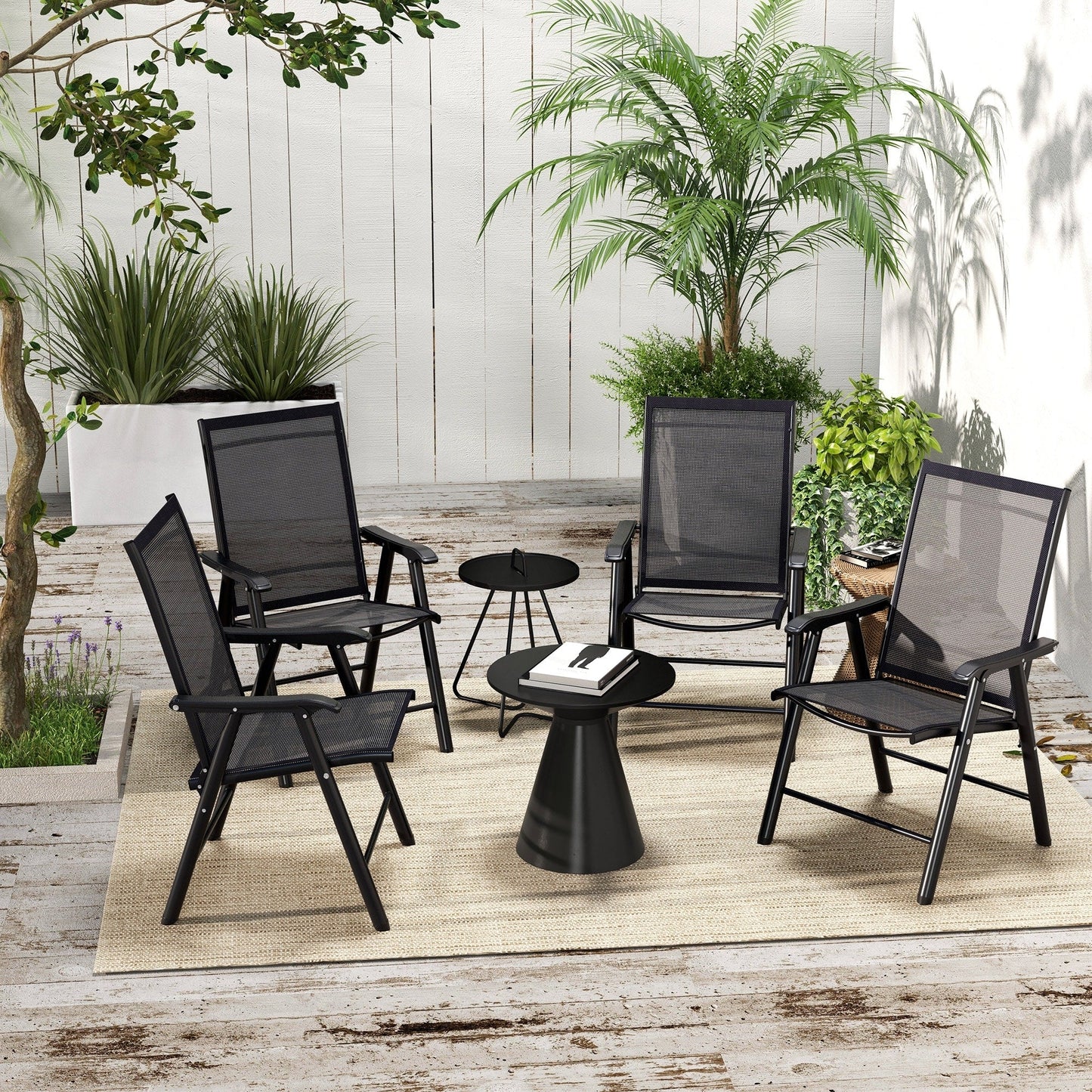 Set di 4 sedie pieghevoli da giardino Outsunny dal design semplice ed elegante, comode per il terrazzo, il giardino, il cortile e i viaggi
