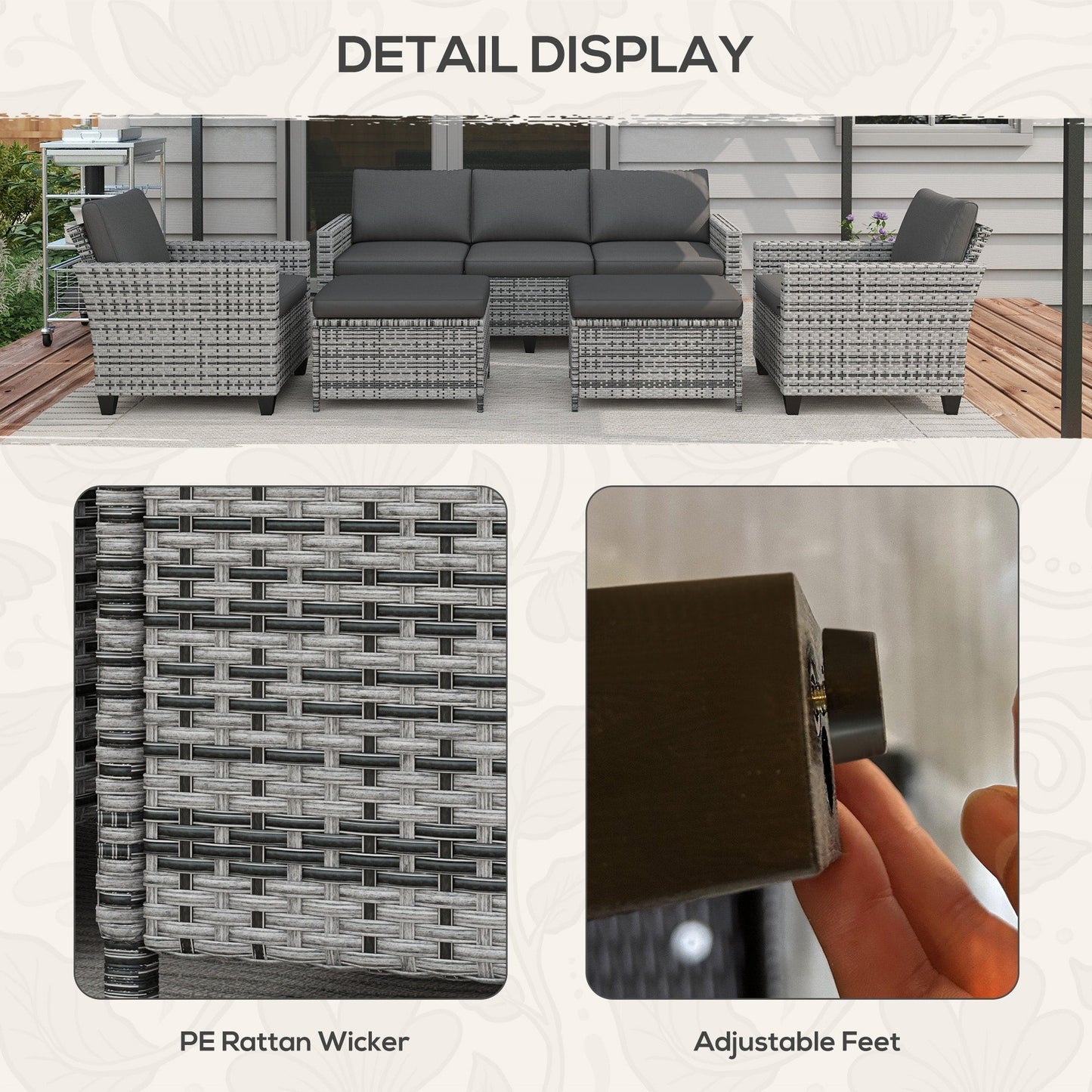 Set di mobili da giardino Outsunny da 5 pezzi con cuscini, set da conversazione all'aperto con divano a tre posti in rattan, sedie e poggiapiedi