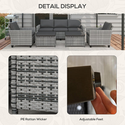 Set di mobili da giardino Outsunny da 5 pezzi con cuscini, set da conversazione all'aperto con divano a tre posti in rattan, sedie e poggiapiedi