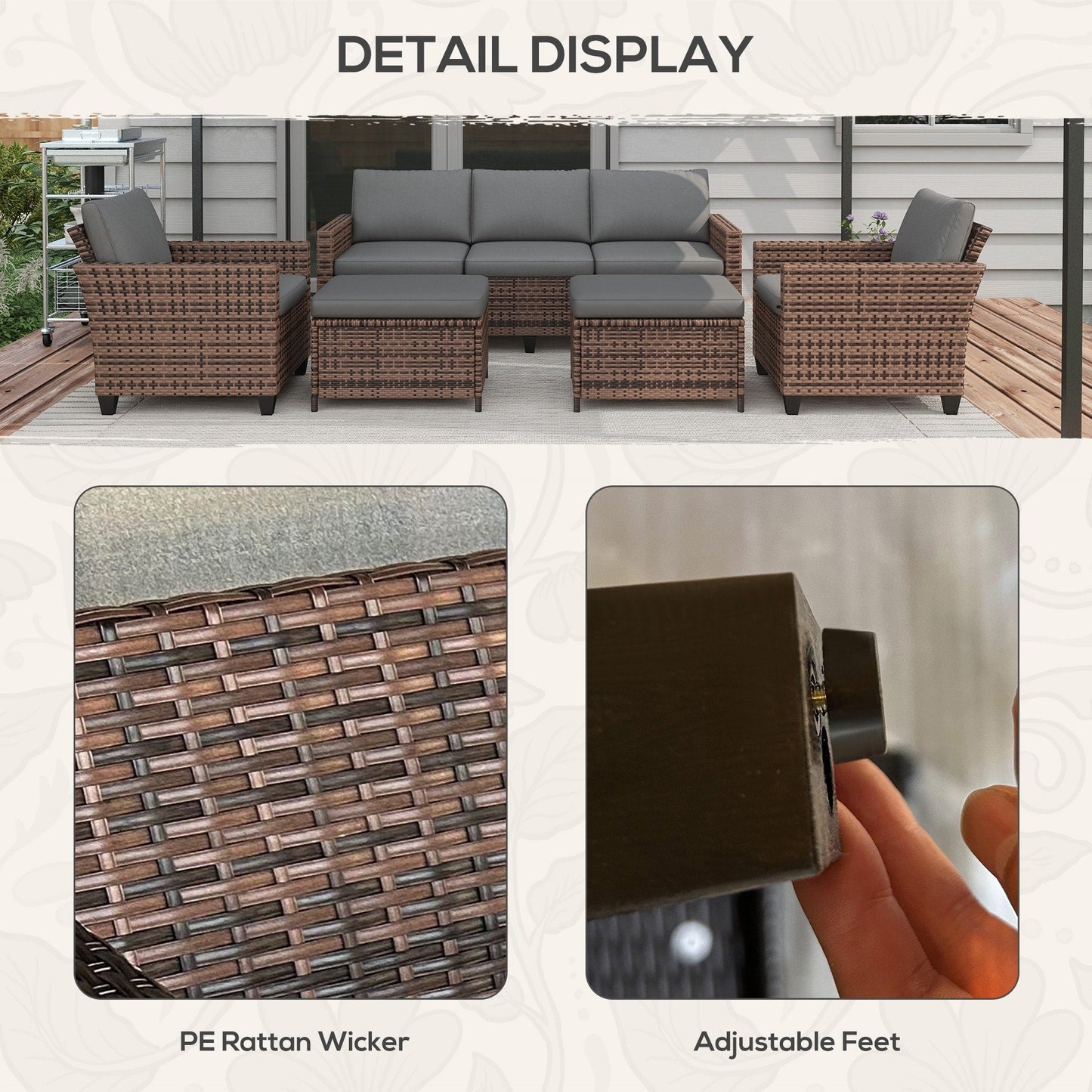 Set di mobili da giardino Outsunny da 5 pezzi con cuscini, set da conversazione all'aperto con divano a tre posti in rattan, sedie e poggiapiedi