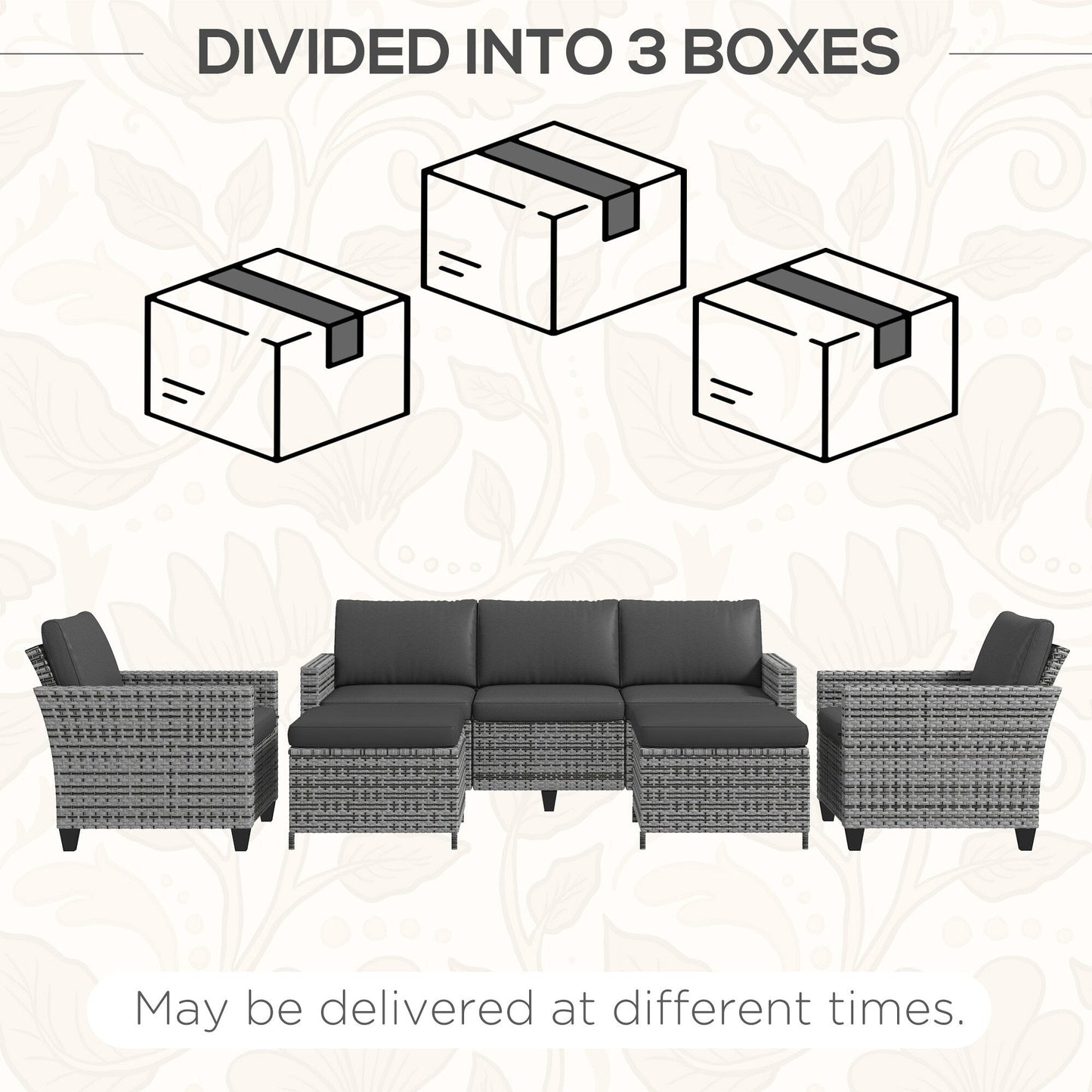 Set di mobili da giardino Outsunny da 5 pezzi con cuscini, set da conversazione all'aperto con divano a tre posti in rattan, sedie e poggiapiedi