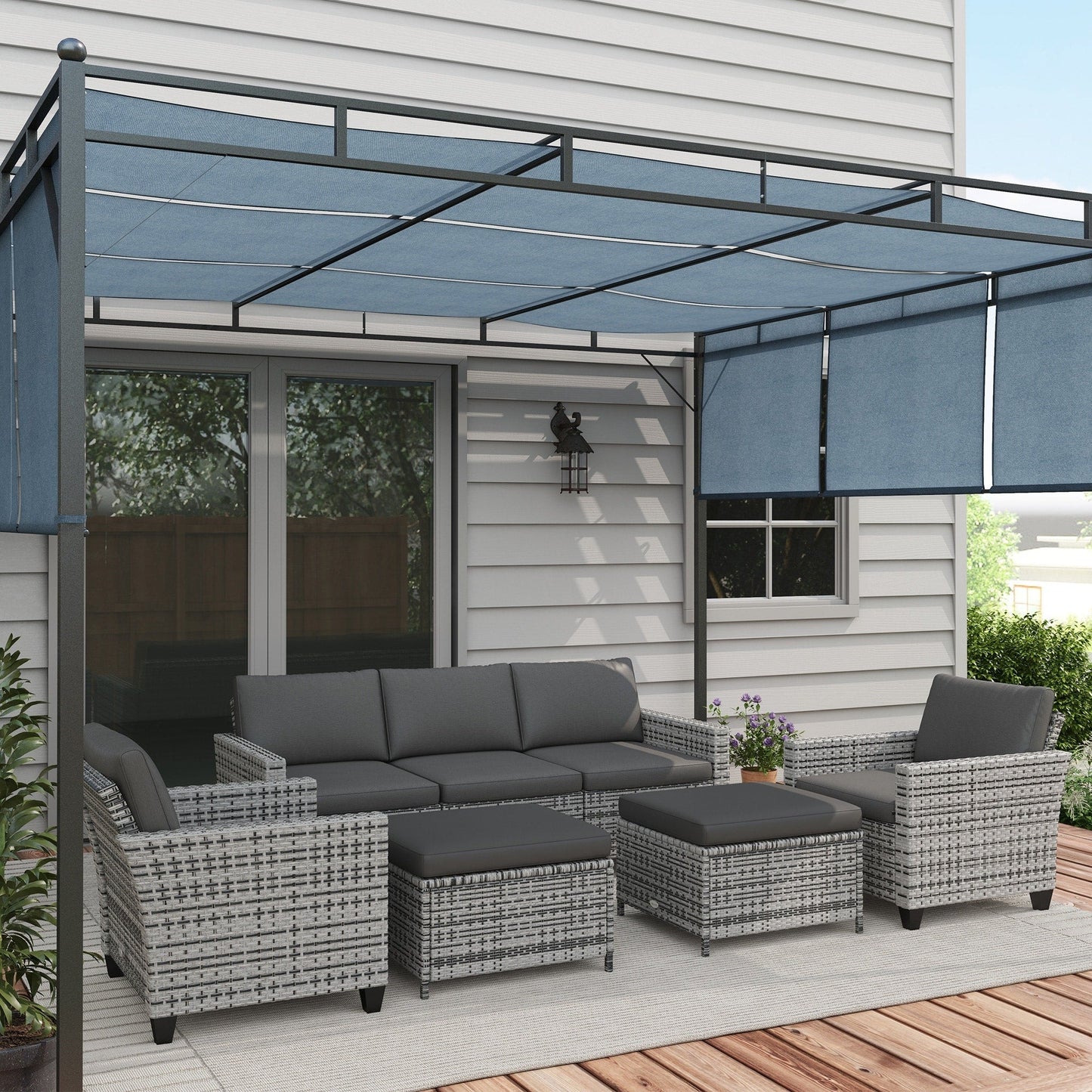 Set di mobili da giardino Outsunny da 5 pezzi con cuscini, set da conversazione all'aperto con divano a tre posti in rattan, sedie e poggiapiedi