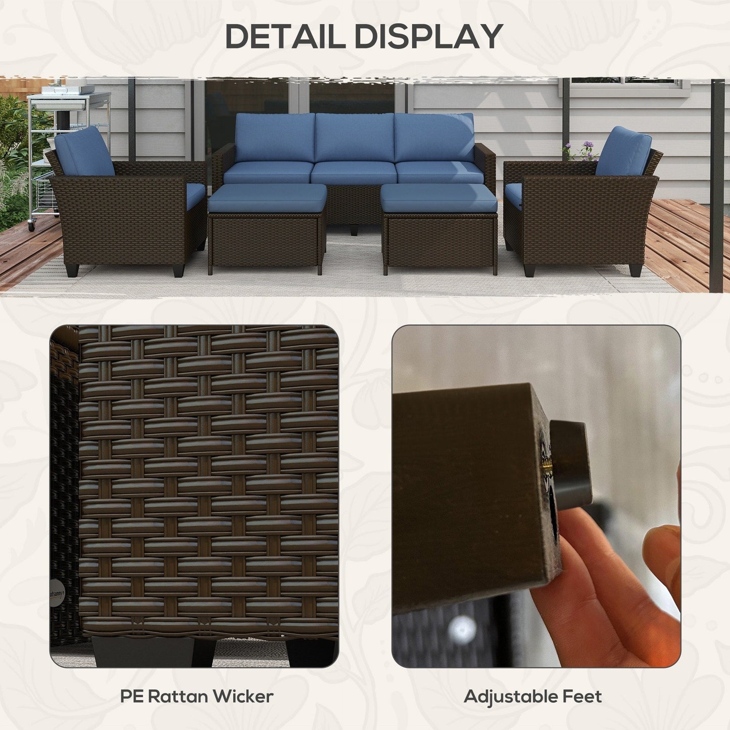 Set di mobili da giardino Outsunny da 5 pezzi con cuscini, set da conversazione all'aperto con divano a tre posti in rattan, sedie e poggiapiedi