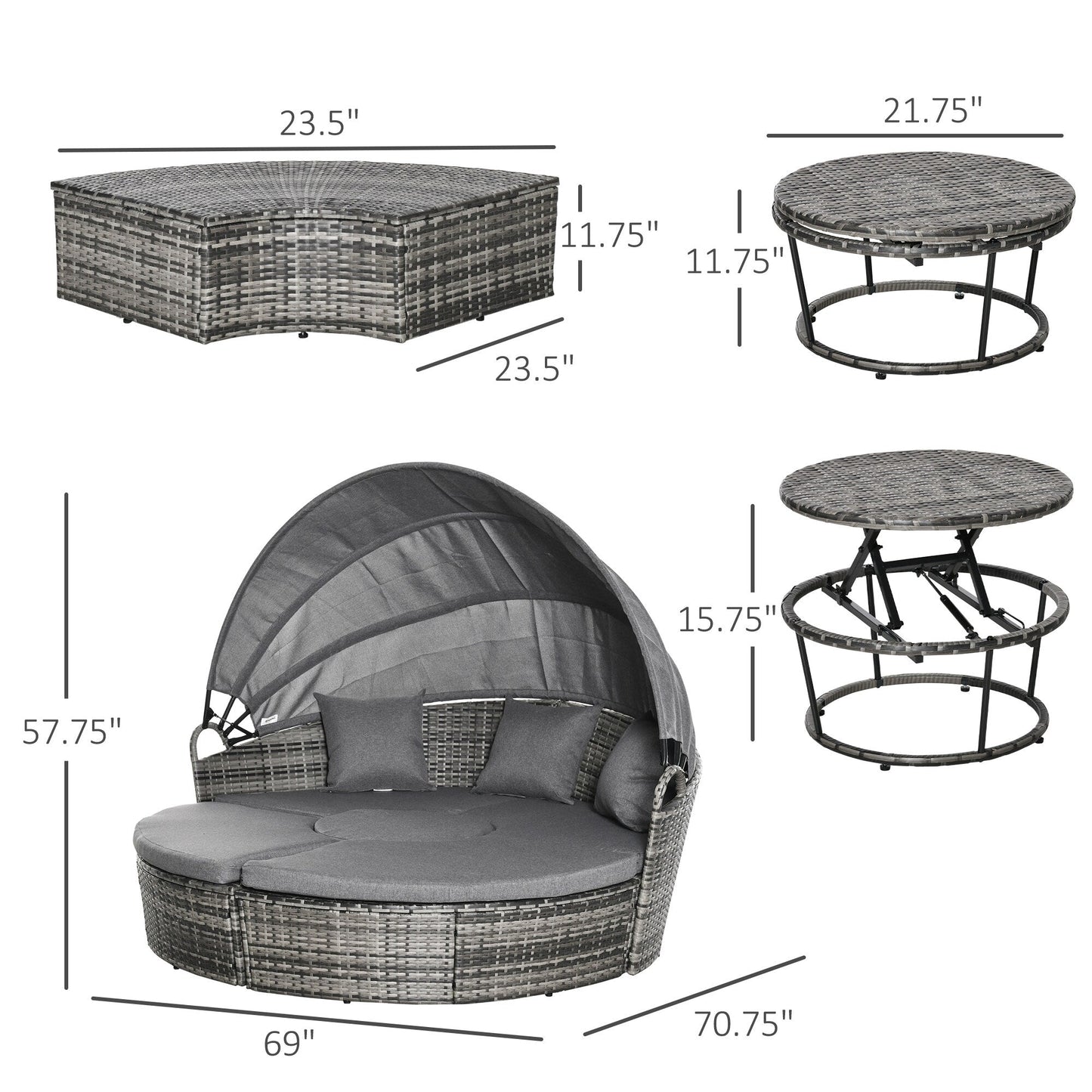Outsunny 5 pezzi set da salotto in vimini PE per patio, set di mobili da giardino in rattan per conversazione all'aperto, divano letto rotondo