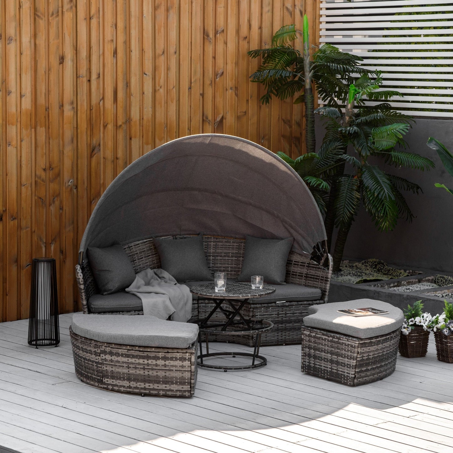 Outsunny 5 pezzi set da salotto in vimini PE per patio, set di mobili da giardino in rattan per conversazione all'aperto, divano letto rotondo