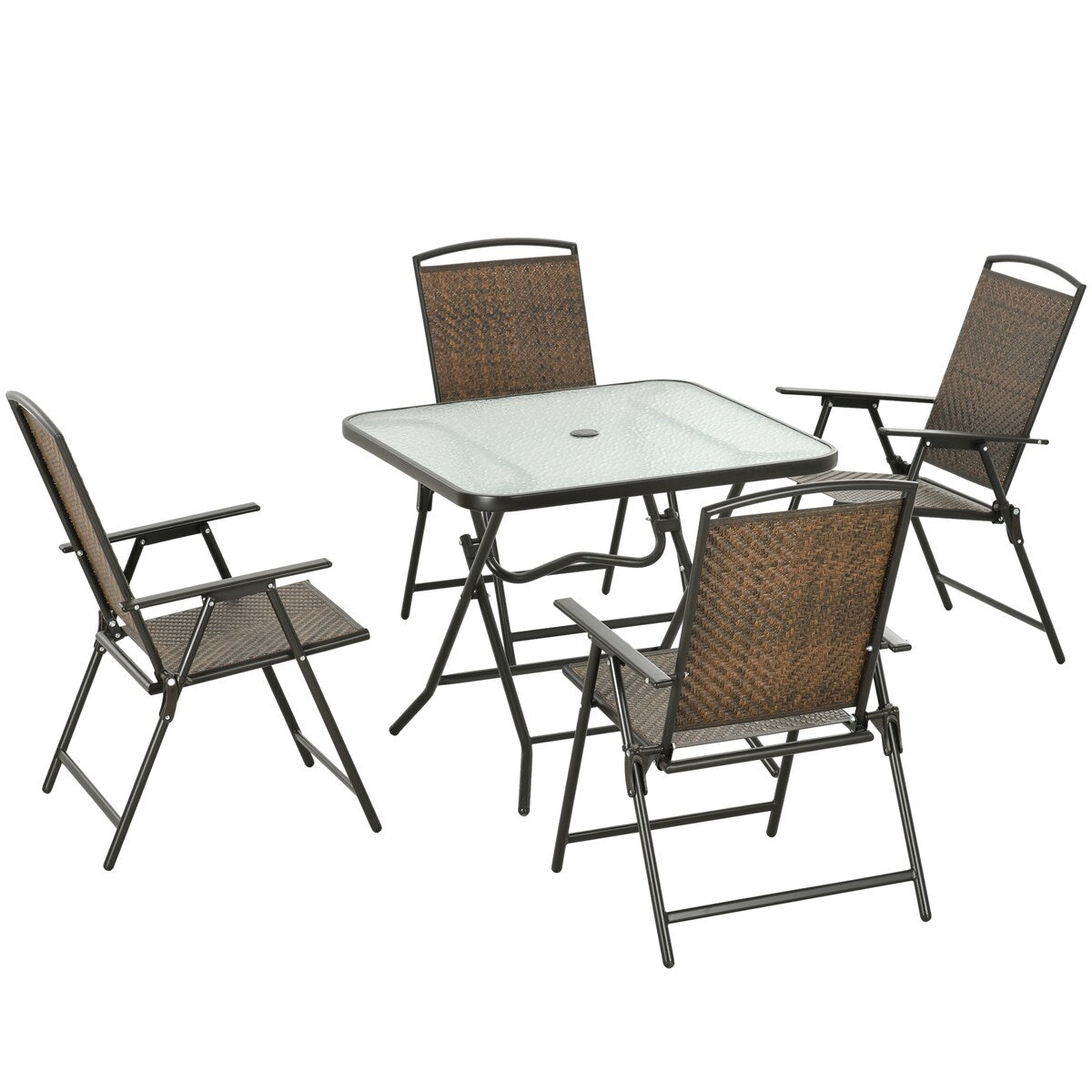 Outsunny Set da pranzo in vimini da 5 pezzi per patio, tavolo e sedie pieghevoli per esterni, set da pranzo con mobili in vimini e foro per ombrellone