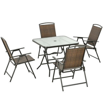 Outsunny Set da pranzo in vimini da 5 pezzi per patio, tavolo e sedie pieghevoli per esterni, set da pranzo con mobili in vimini e foro per ombrellone