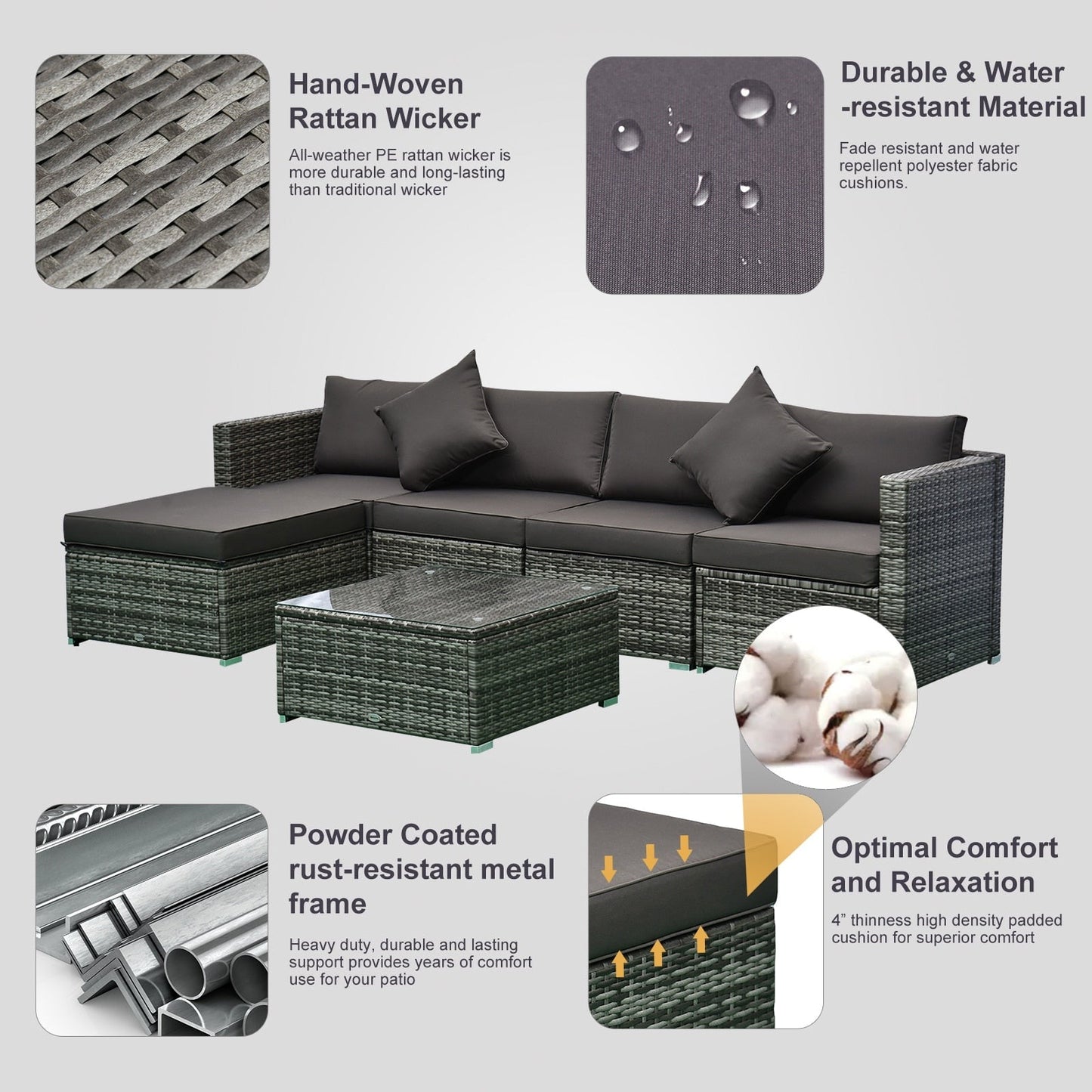 Outsunny Set di 6 mobili da giardino in rattan e vimini con comodi cuscini in cotone e fodere rimovibili