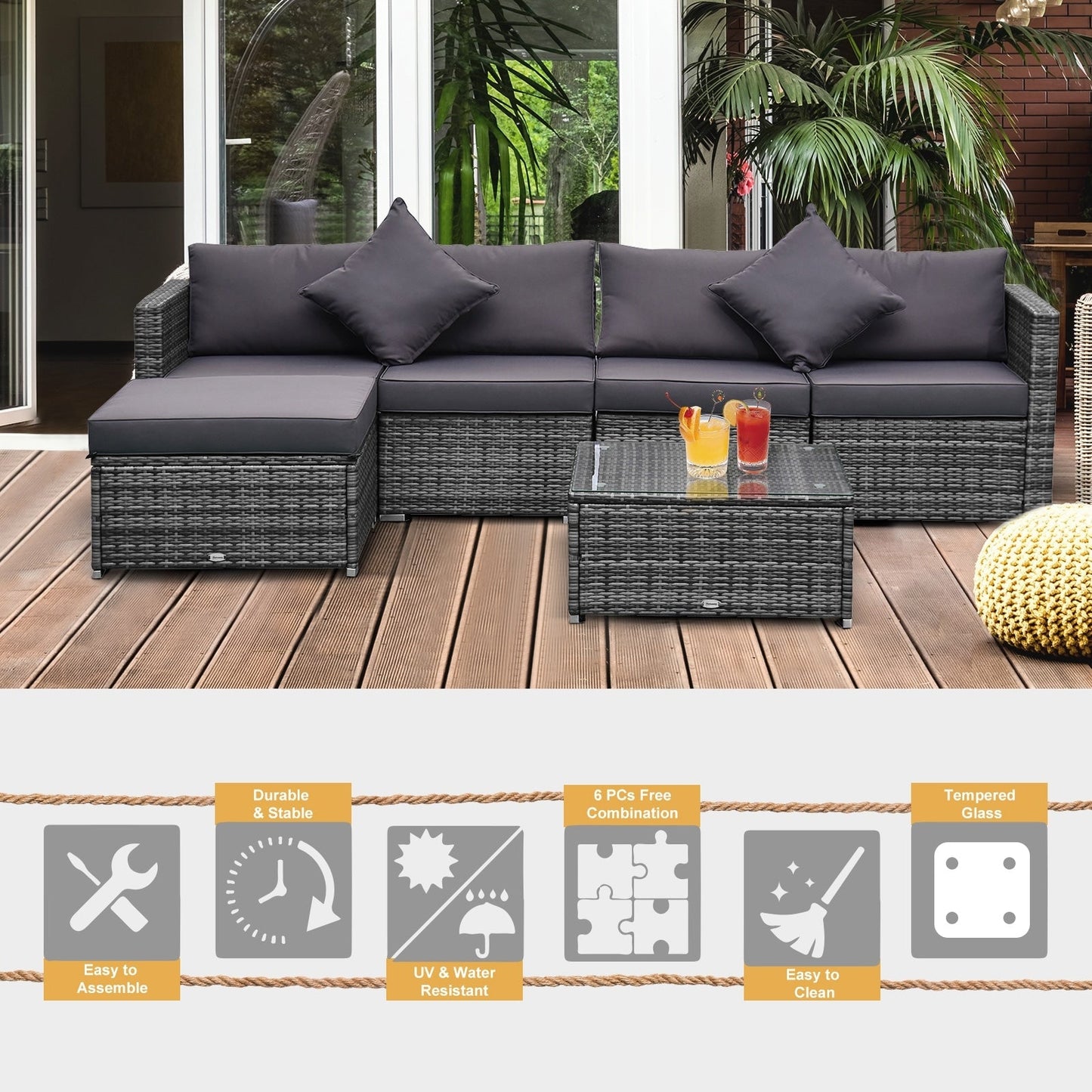 Outsunny Set di 6 mobili da giardino in rattan e vimini con comodi cuscini in cotone e fodere rimovibili