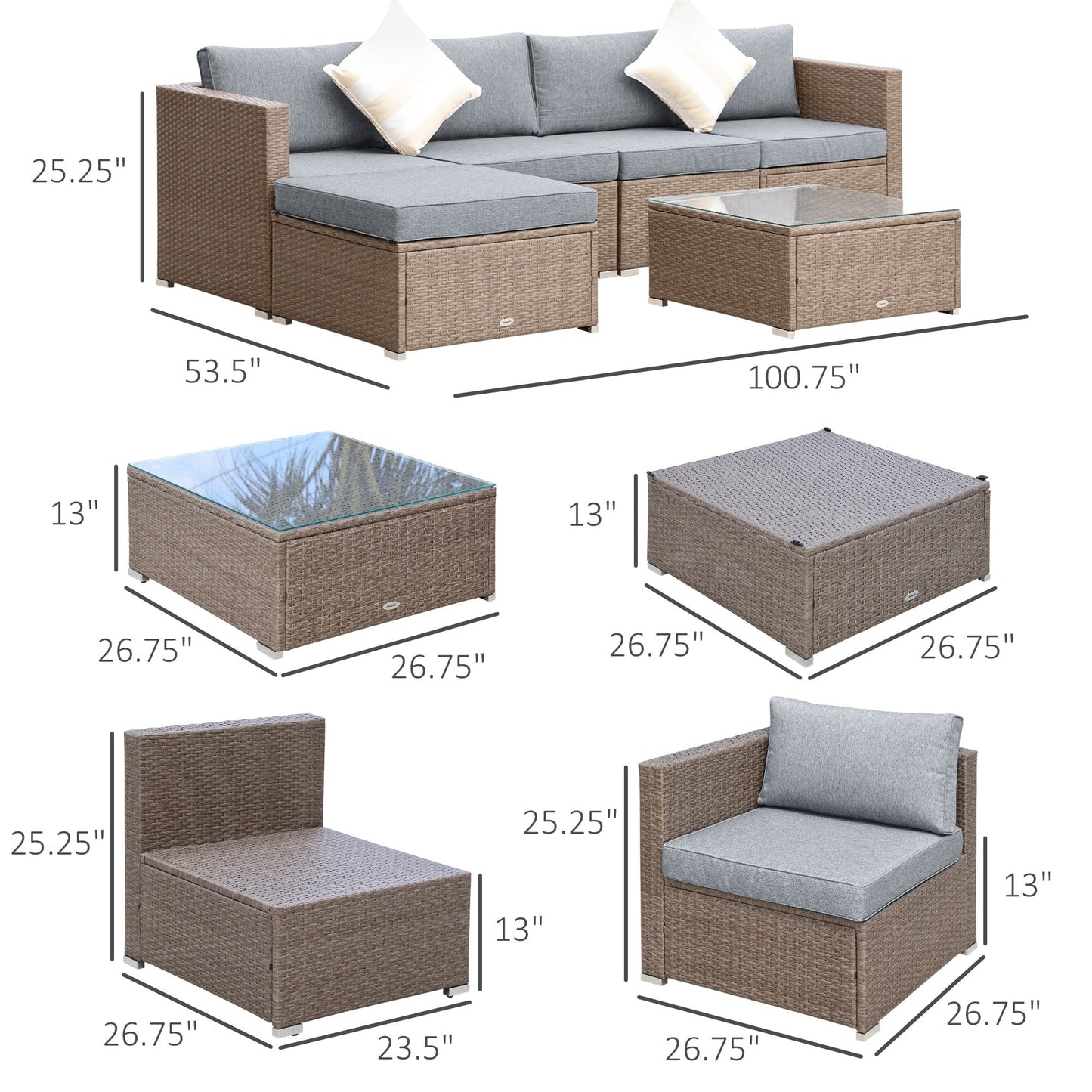 Outsunny Set di 6 mobili da giardino in rattan e vimini con comodi cuscini in cotone e fodere rimovibili