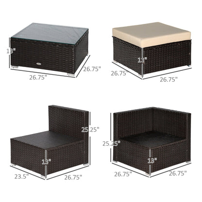 Outsunny Set di 6 mobili da giardino in rattan e vimini con comodi cuscini in cotone e fodere rimovibili