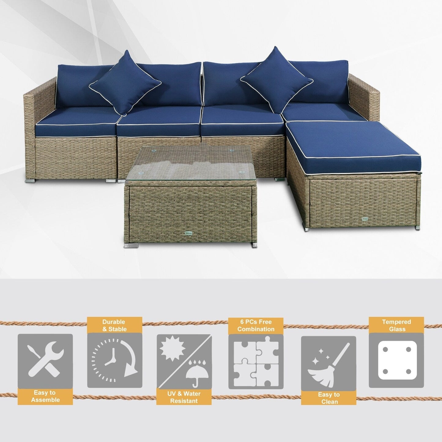 Outsunny Set di 6 mobili da giardino in rattan e vimini con comodi cuscini in cotone e fodere rimovibili