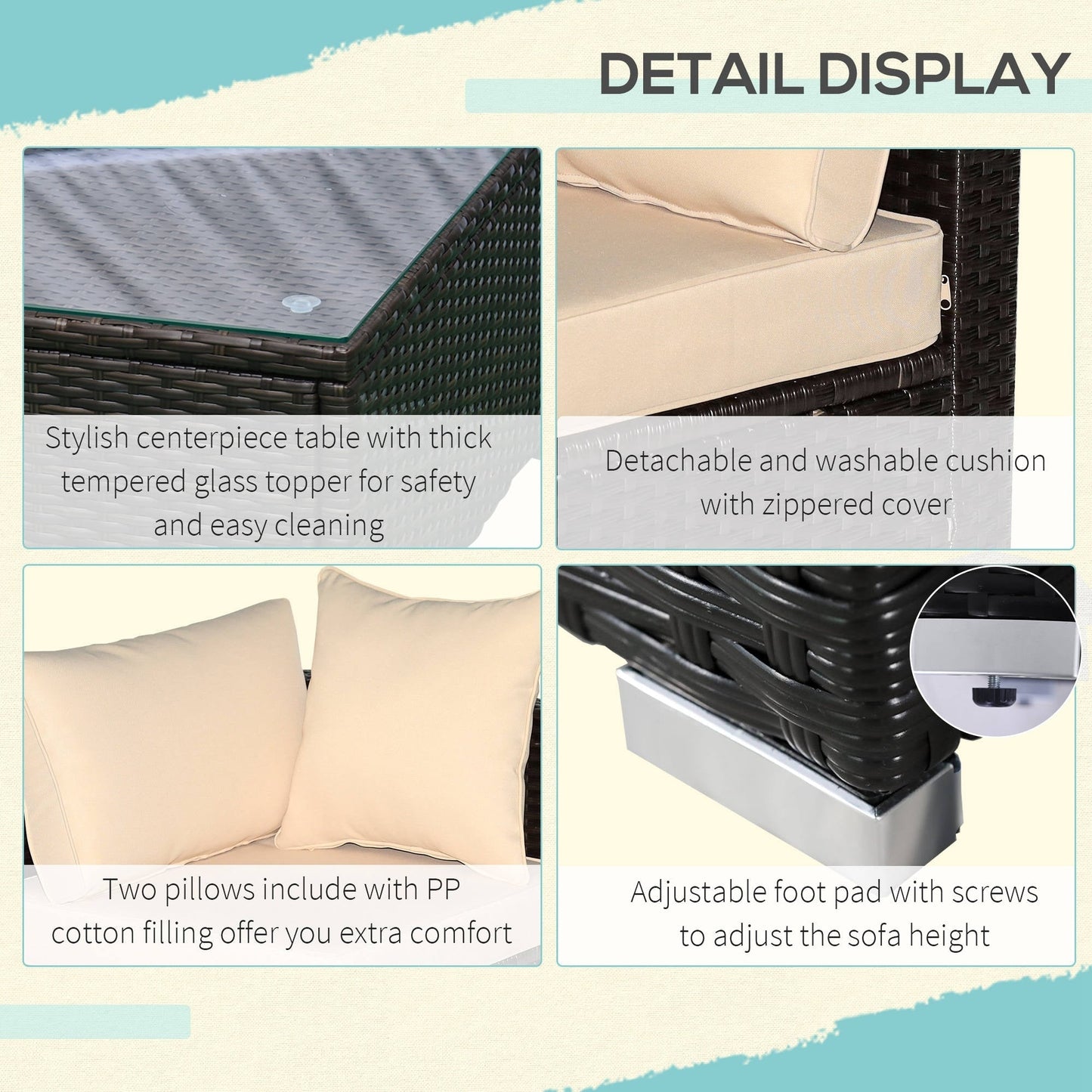 Outsunny Set di 6 mobili da giardino in rattan e vimini con comodi cuscini in cotone e fodere rimovibili