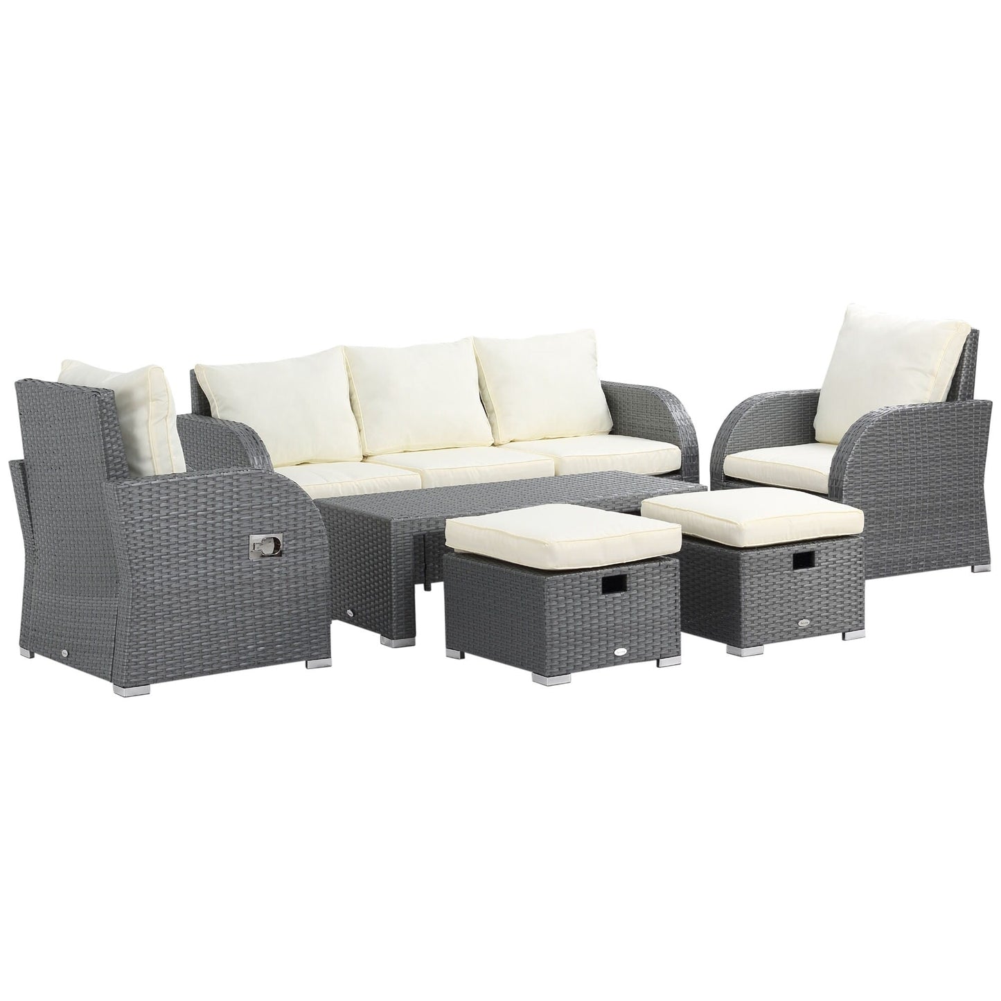 Set di divani componibili per esterni Outsunny in rattan da 6 pezzi con divano a 3 posti, 2 poltrone reclinabili, 2 poggiapiedi pouf