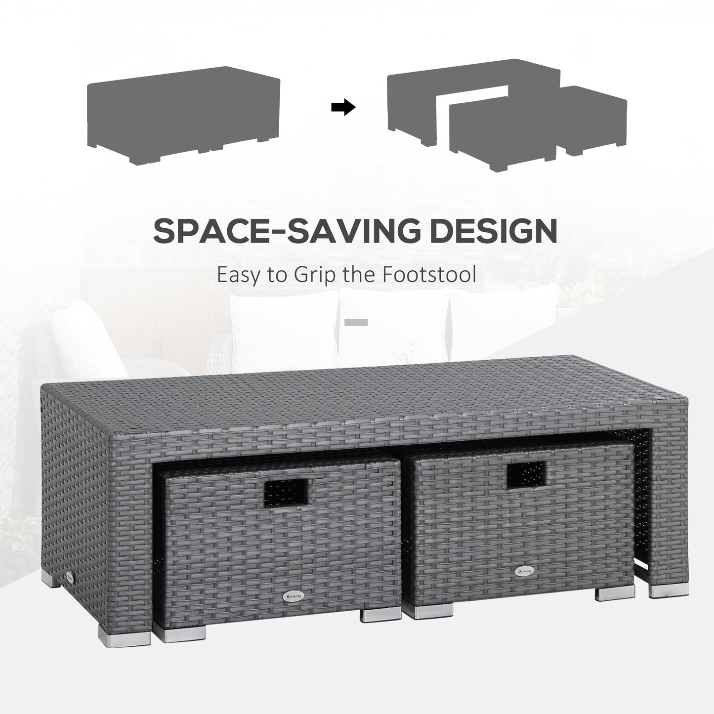 Set di divani componibili per esterni Outsunny in rattan da 6 pezzi con divano a 3 posti, 2 poltrone reclinabili, 2 poggiapiedi pouf