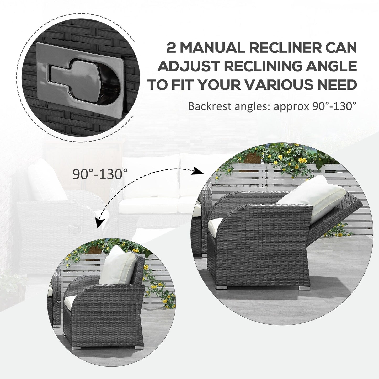 Set di divani componibili per esterni Outsunny in rattan da 6 pezzi con divano a 3 posti, 2 poltrone reclinabili, 2 poggiapiedi pouf