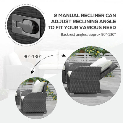 Set di divani componibili per esterni Outsunny in rattan da 6 pezzi con divano a 3 posti, 2 poltrone reclinabili, 2 poggiapiedi pouf