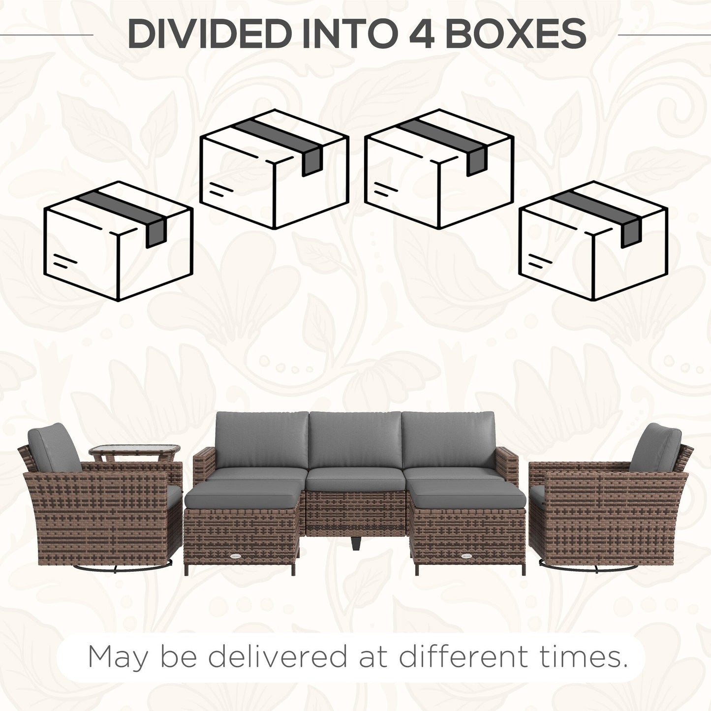 Set di mobili da giardino Outsunny da 6 pezzi con divano a tre posti in rattan, sedie a dondolo girevoli e poggiapiedi