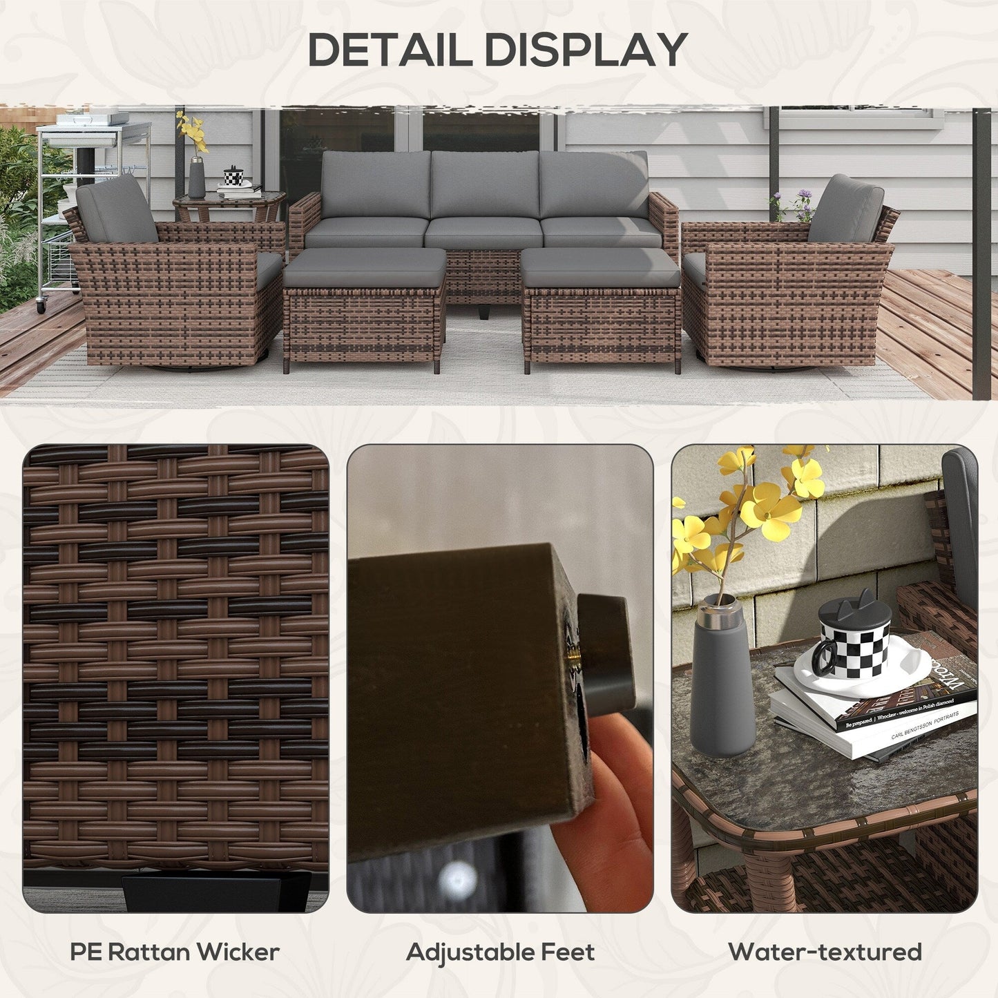 Set di mobili da giardino Outsunny da 6 pezzi con divano a tre posti in rattan, sedie a dondolo girevoli e poggiapiedi