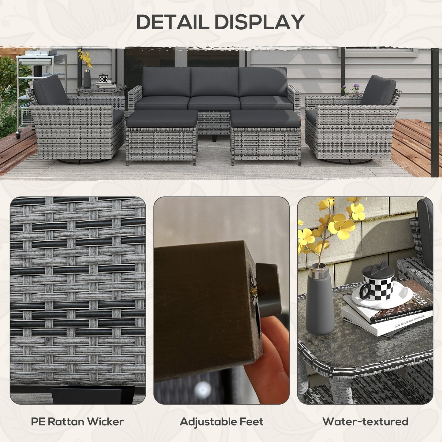 Set di mobili da giardino Outsunny da 6 pezzi con divano a tre posti in rattan, sedie a dondolo girevoli e poggiapiedi