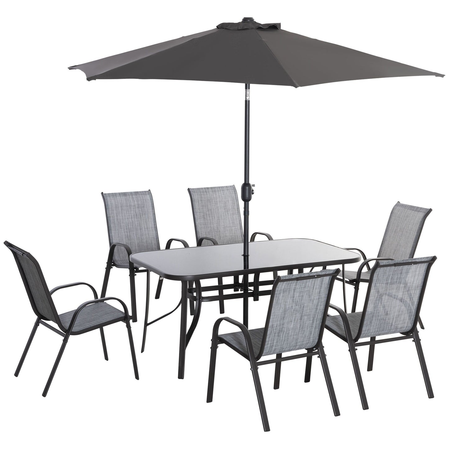Set da pranzo per patio Outsunny da 8 pezzi con tavolo da patio da 8 piedi, ombrellone con inclinazione a pulsante e manovella, 6 sedie e tavolo da pranzo