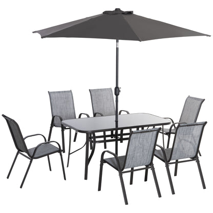 Set da pranzo per patio Outsunny da 8 pezzi con tavolo da patio da 8 piedi, ombrellone con inclinazione a pulsante e manovella, 6 sedie e tavolo da pranzo