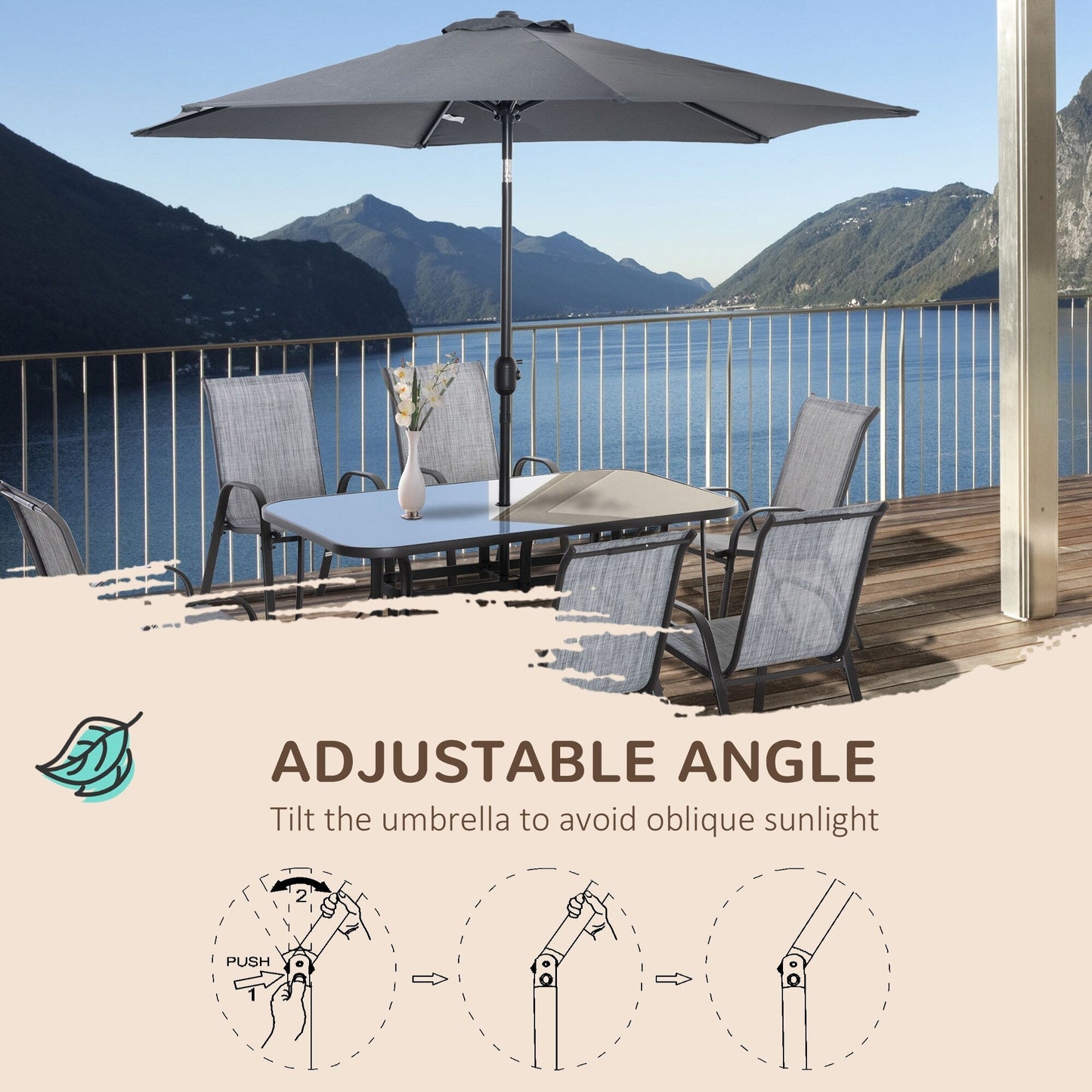 Set da pranzo per patio Outsunny da 8 pezzi con tavolo da patio da 8 piedi, ombrellone con inclinazione a pulsante e manovella, 6 sedie e tavolo da pranzo