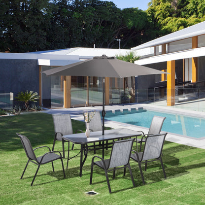 Set da pranzo per patio Outsunny da 8 pezzi con tavolo da patio da 8 piedi, ombrellone con inclinazione a pulsante e manovella, 6 sedie e tavolo da pranzo