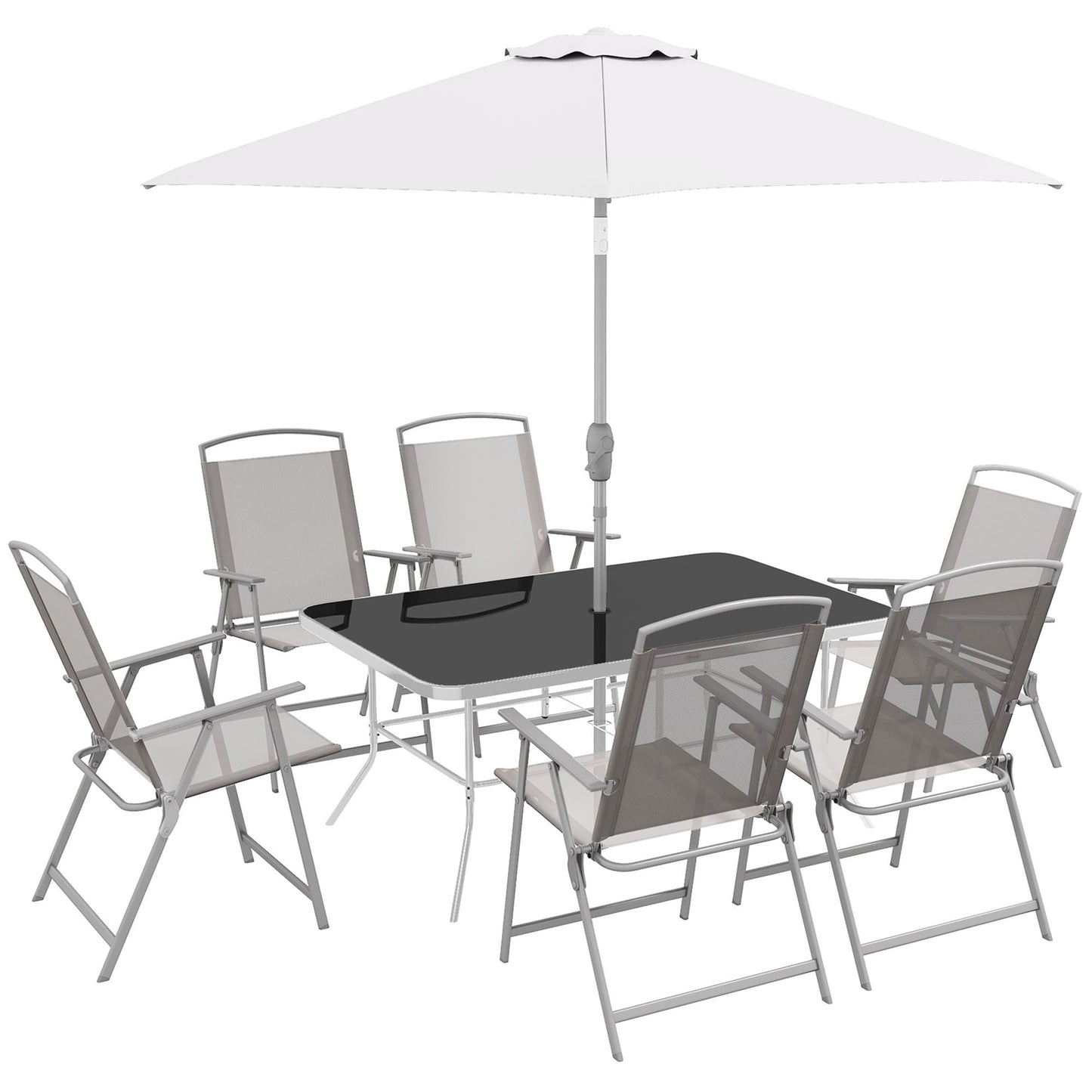 Outsunny Set da pranzo da esterno da 8 pezzi con tavolo, ombrellone, 6 sedie pieghevoli e tavolo da pranzo rettangolare, set di mobili da esterno per patio
