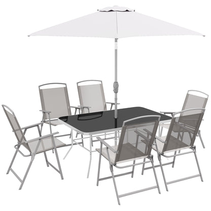 Outsunny Set da pranzo da esterno da 8 pezzi con tavolo, ombrellone, 6 sedie pieghevoli e tavolo da pranzo rettangolare, set di mobili da esterno per patio